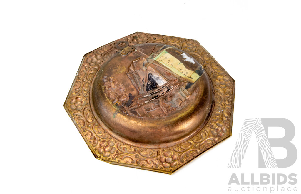 Antique 1926 Dutch Hammered Brass Tray With Windmill Design