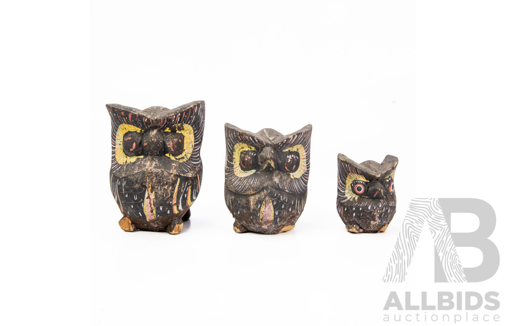 Three Antique Handmade And Hand Painted Owl Figurines