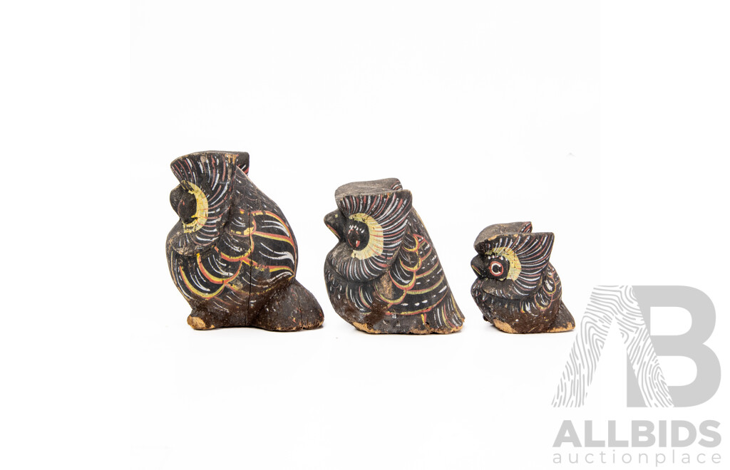 Three Antique Handmade And Hand Painted Owl Figurines
