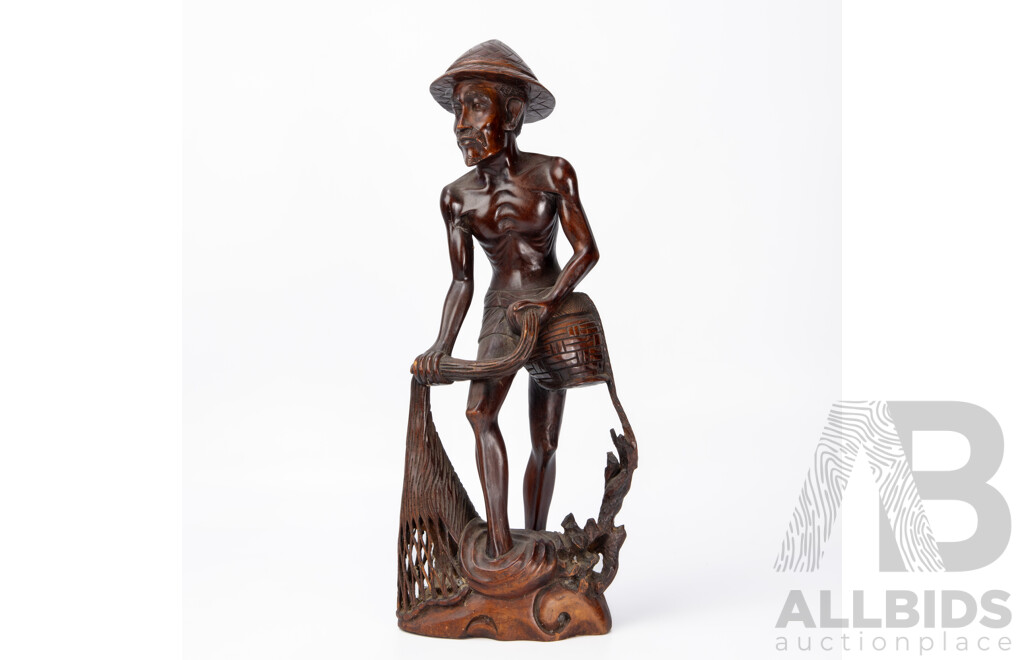 Balinese Rosewood Carving Man Fishing Artist Engraved To Base