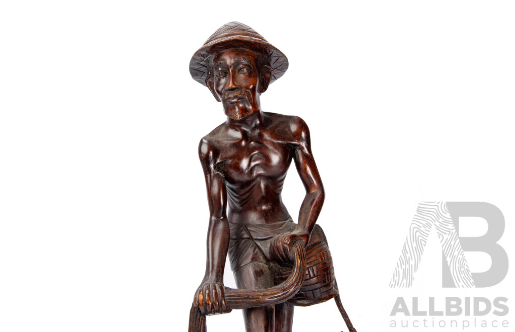 Balinese Rosewood Carving Man Fishing Artist Engraved To Base