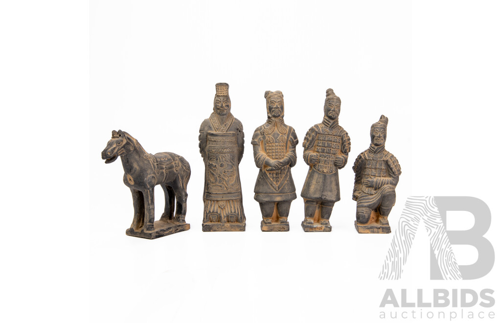 Five Terracotta Statues Including Four Men And A Horse