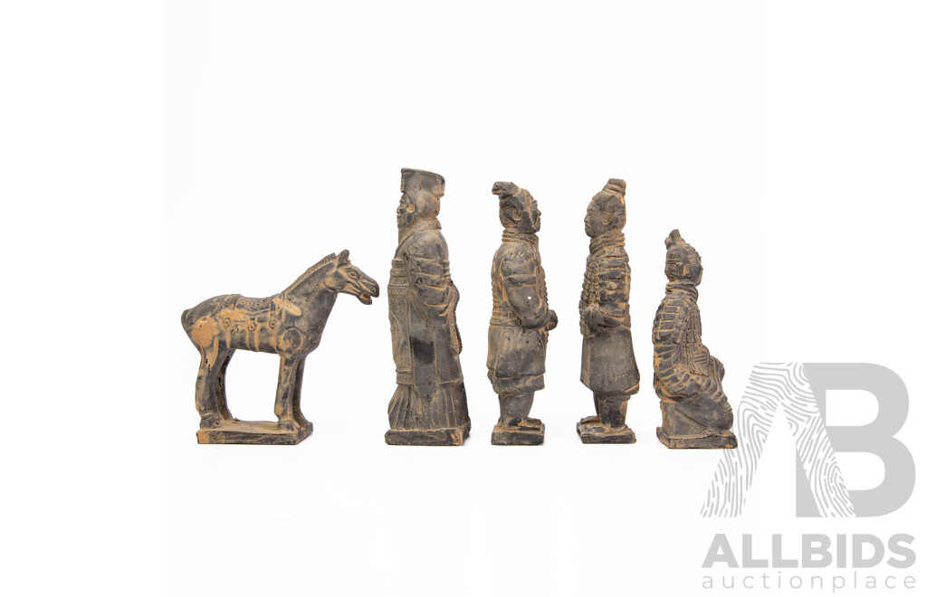 Five Terracotta Statues Including Four Men And A Horse