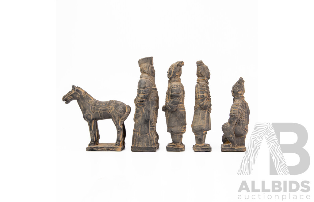 Five Terracotta Statues Including Four Men And A Horse