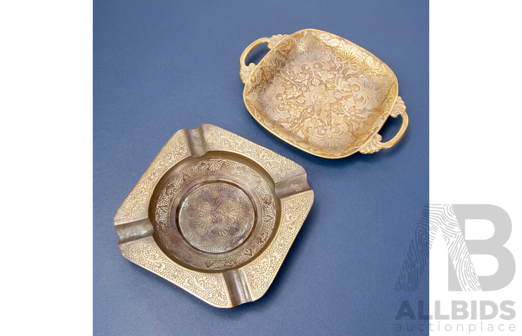 Antique Indian Brass Ashtray And Antique Brass Trinket Dish