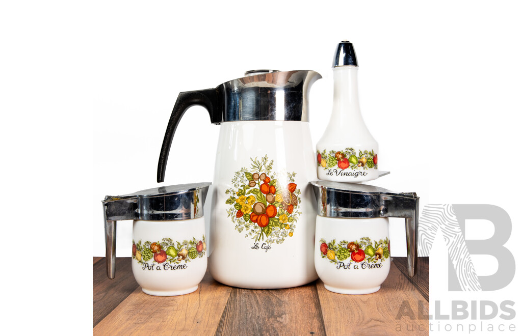 Vintage Corning Ware 'Spice of Life' Le Café 10-Cup Server, Two Creamers and Vinaigrette Bottle