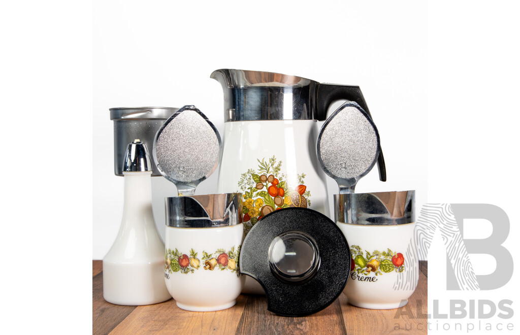 Vintage Corning Ware 'Spice of Life' Le Café 10-Cup Server, Two Creamers and Vinaigrette Bottle