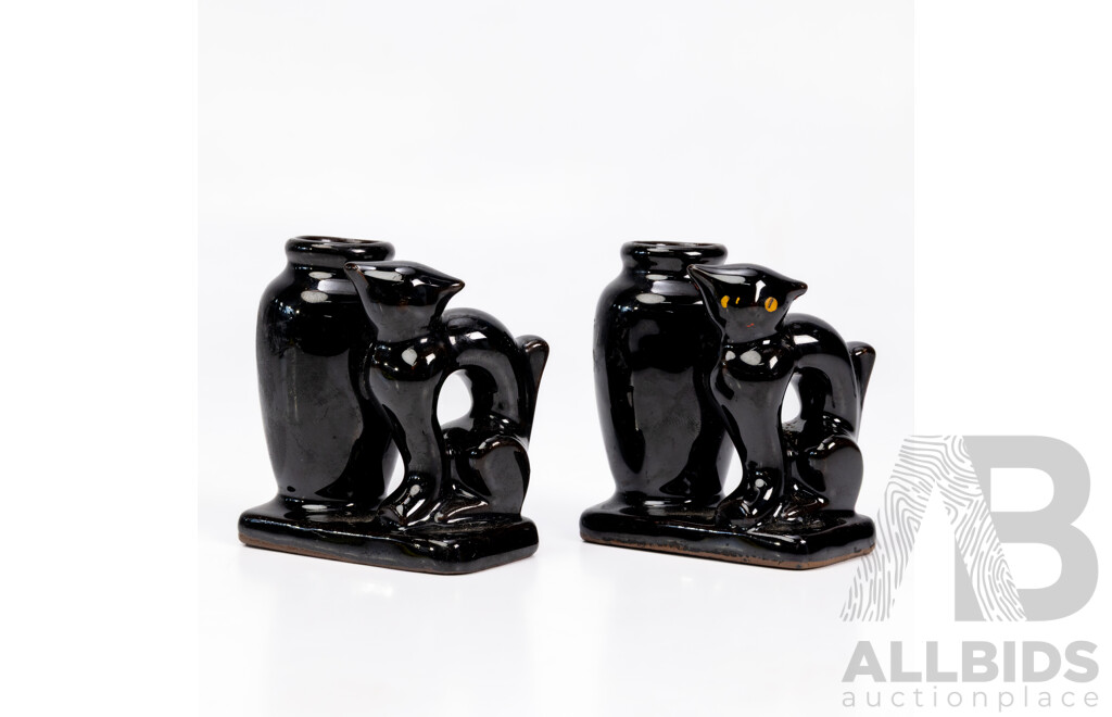 Pair of Vintage Japanese Black Cat Toothpick Holder Vases