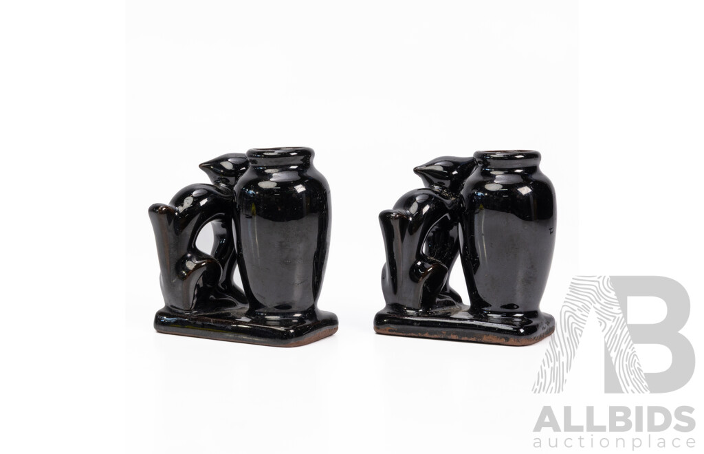 Pair of Vintage Japanese Black Cat Toothpick Holder Vases
