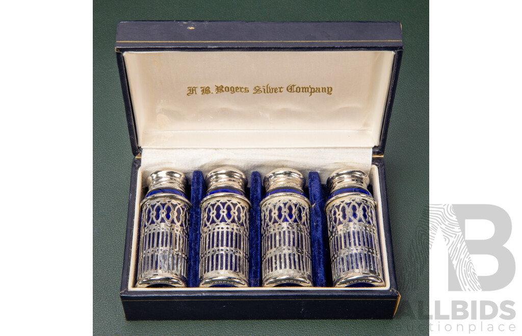 Antique Ab Rogers Silver Co Silverplate Cobalt Blue Glass Shakers With Box
