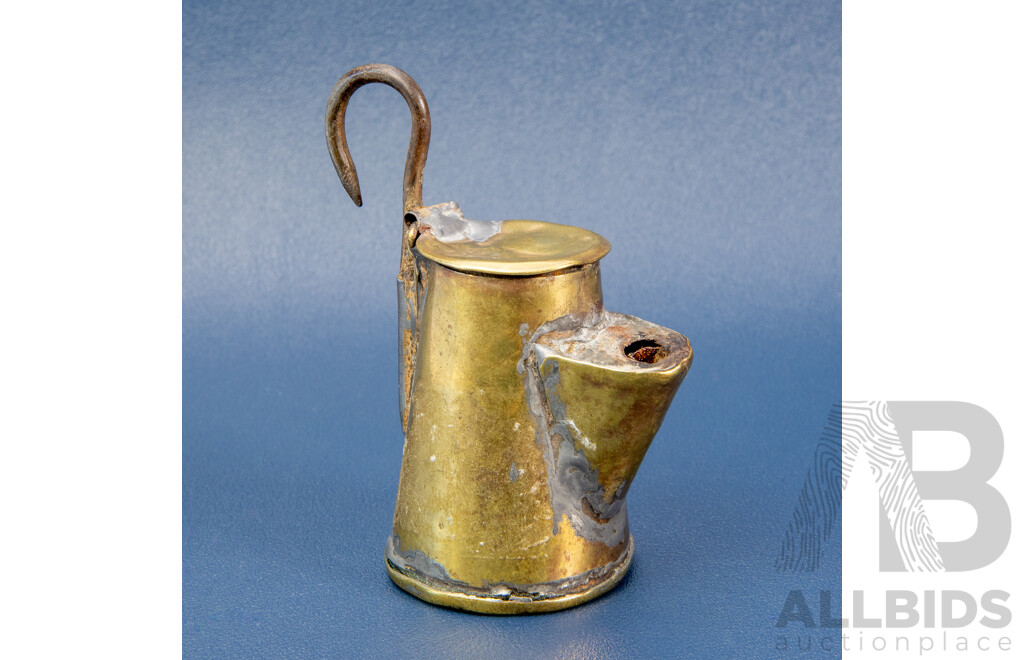 Rare Antique Brass Oil Wick Miner's Cap Lamp