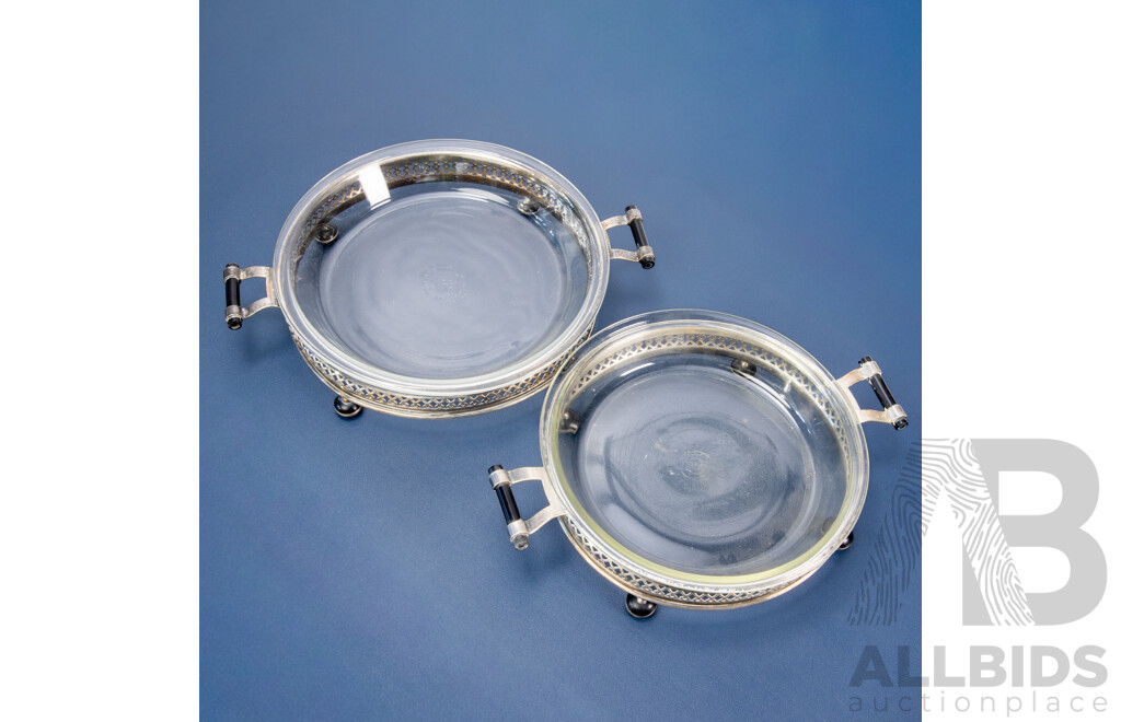 Pair of Vintage Pyrex Glass Dishes on Silver Plate Holders by Lewbury