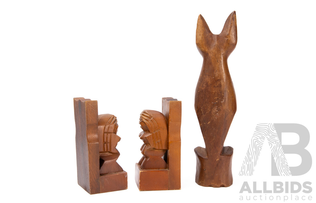Collection Of Teak Items Pair Of 1980s Maori Tiki Carved Bookends And A Hand Carved Cat