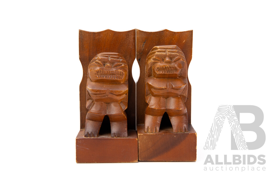 Collection Of Teak Items Pair Of 1980s Maori Tiki Carved Bookends And A Hand Carved Cat