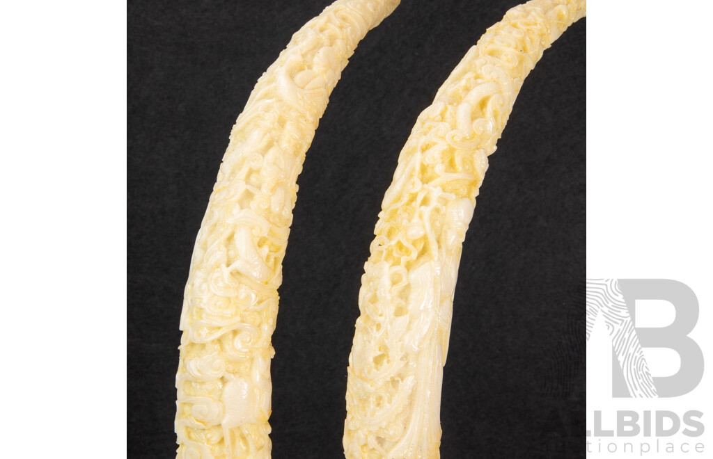 Pair of Vintage Carved Resin Chinese Foo Dog Guardian Figurines with Ornate Faux Tusks