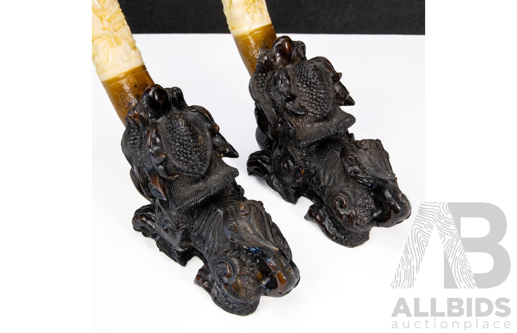 Pair of Vintage Carved Resin Chinese Foo Dog Guardian Figurines with Ornate Faux Tusks