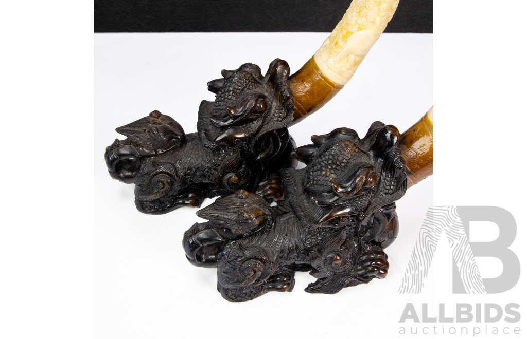 Pair of Vintage Carved Resin Chinese Foo Dog Guardian Figurines with Ornate Faux Tusks