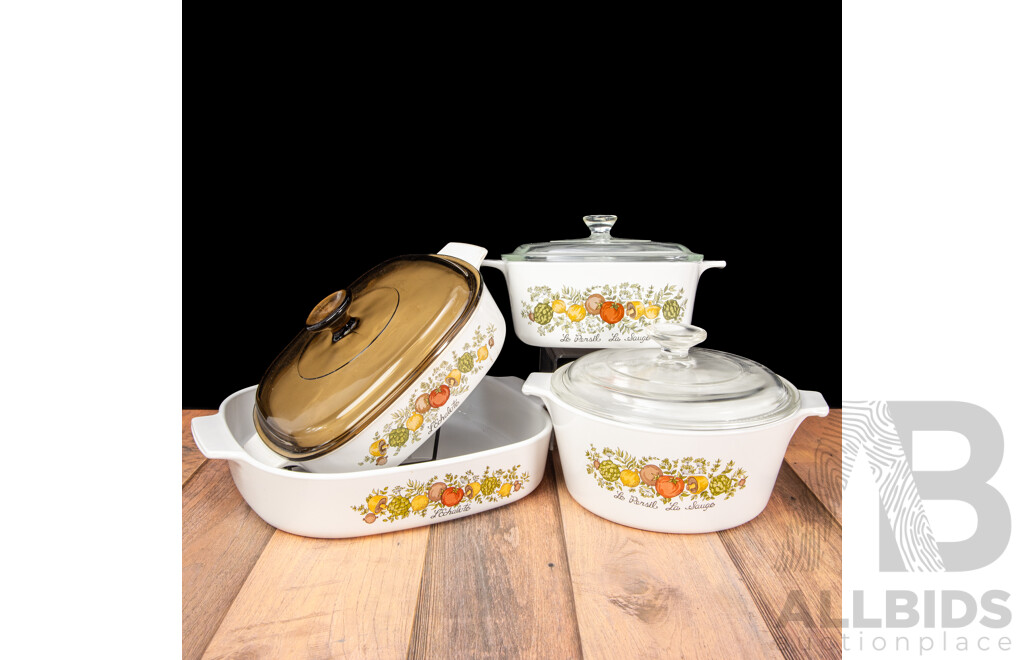 Lot of Four Vintage Corning Ware ‘Spice of Life’ L’Echalote / La Marjolaine Cookware