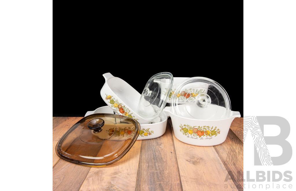 Lot of Four Vintage Corning Ware ‘Spice of Life’ L’Echalote / La Marjolaine Cookware