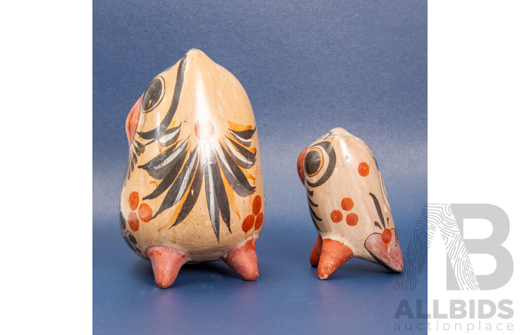 Set Of 2 Hand Painted Tonala Mexican Folk Art Pottery Owls