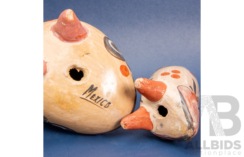 Set Of 2 Hand Painted Tonala Mexican Folk Art Pottery Owls