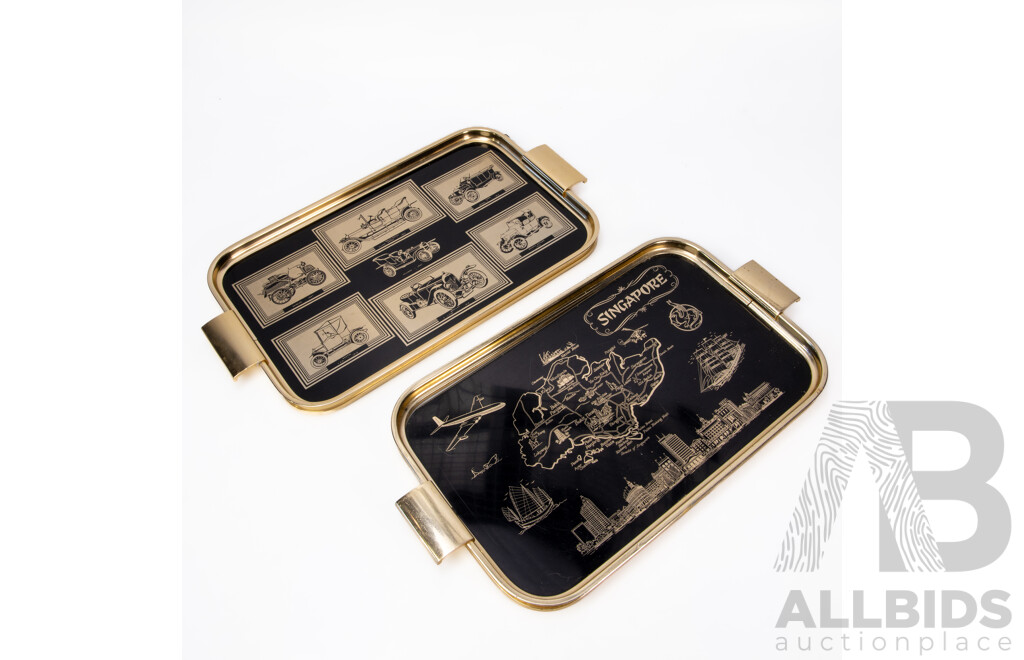 Pair of Vintage Woodmet England Mid-Century Metal Serving Trays - Singapore Souvenir Map & Vintage Motor Cars