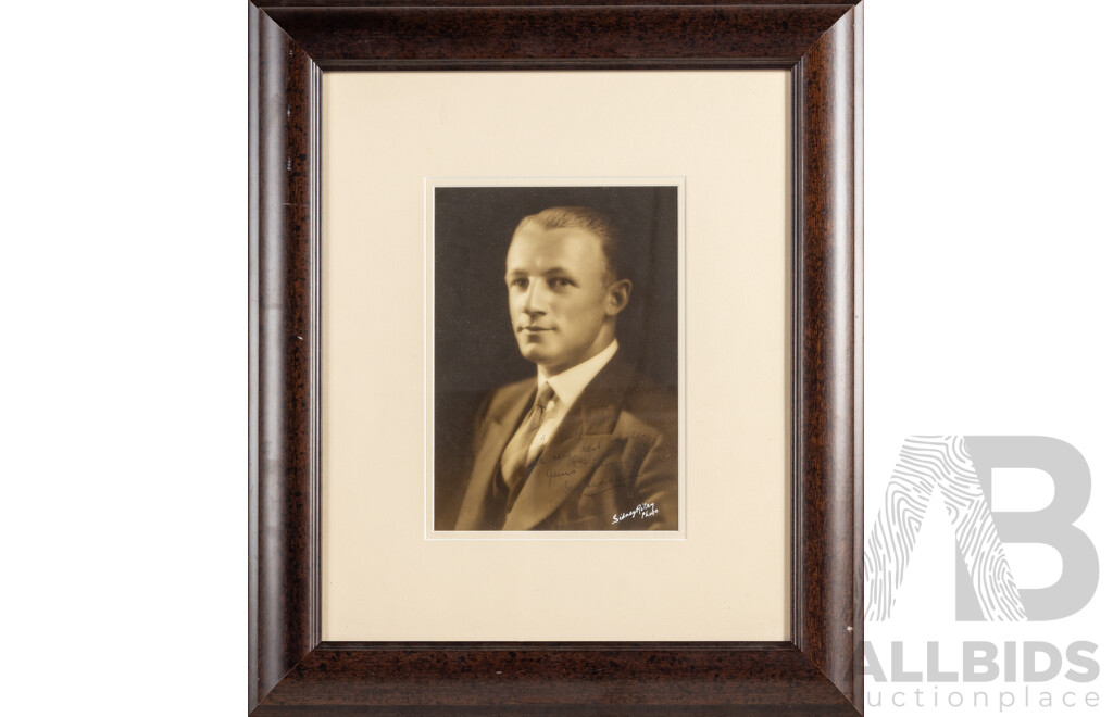 Signed and Inscribed Donald Bradman Vintage Photograph, 51 X 44 Cm (frame)