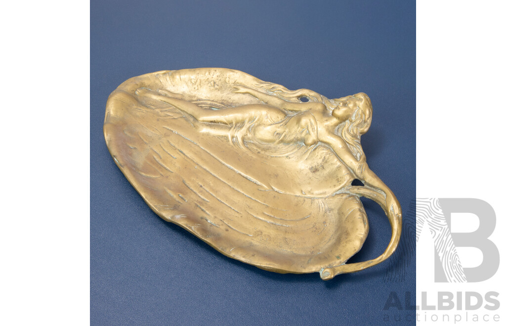 Heavy Cast Bronze Art Nouveau Visiting Card Tray, Featuring Scantily Clad Water Nymph Lady Reclining on a Lily Pad