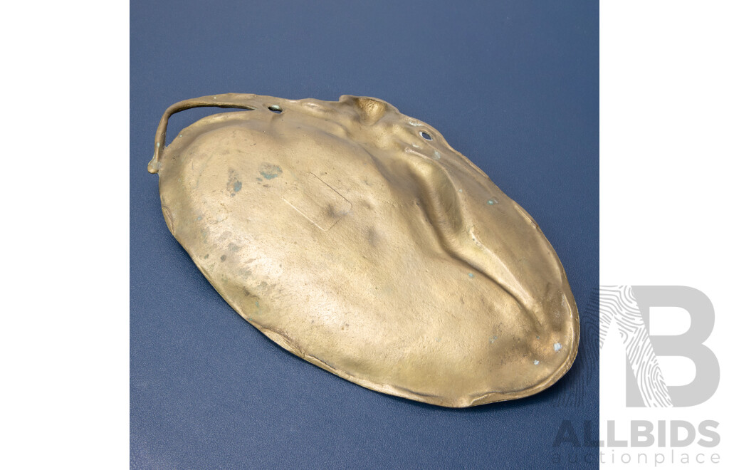 Heavy Cast Bronze Art Nouveau Visiting Card Tray, Featuring Scantily Clad Water Nymph Lady Reclining on a Lily Pad