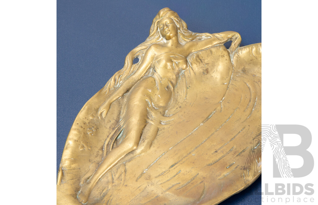 Heavy Cast Bronze Art Nouveau Visiting Card Tray, Featuring Scantily Clad Water Nymph Lady Reclining on a Lily Pad