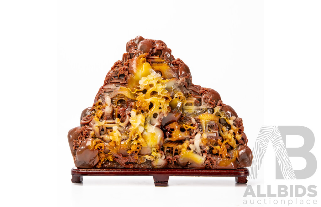 Antique Large Carved Composition Scholar's Rock Style Sculpture - Mountain Village Scene on Wooden Base