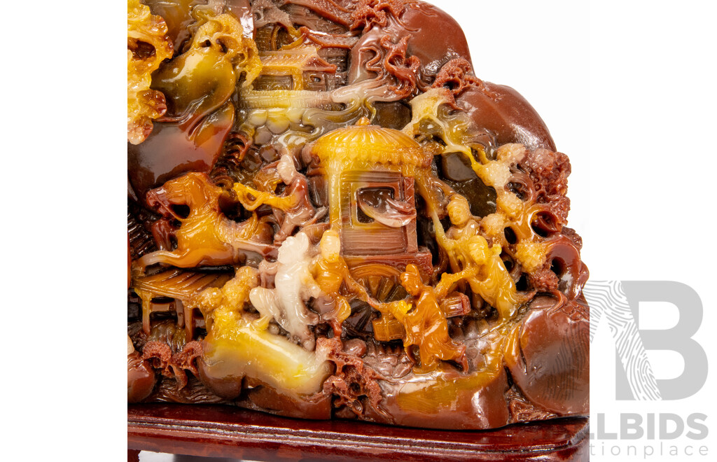 Antique Large Carved Composition Scholar's Rock Style Sculpture - Mountain Village Scene on Wooden Base