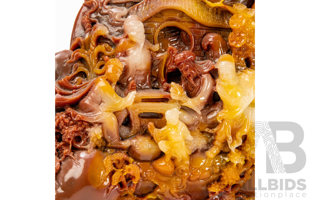 Antique Large Carved Composition Scholar's Rock Style Sculpture - Mountain Village Scene on Wooden Base