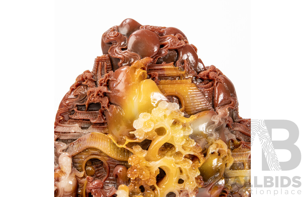 Antique Large Carved Composition Scholar's Rock Style Sculpture - Mountain Village Scene on Wooden Base