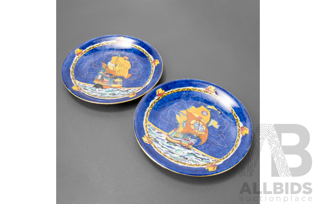 Pair of Antique/Vintage (1920s-1930s) Grimwades Lustre Plates with Galleon Pattern