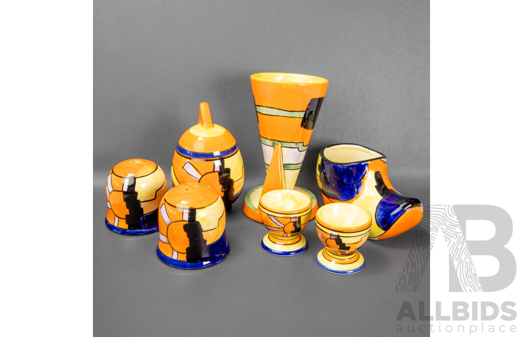 Art Deco Clarice Cliff 'Bizarre' Style Wares - Breakfast Set with Egg Cups, Jam Pot & Salt & Pepper Shakers