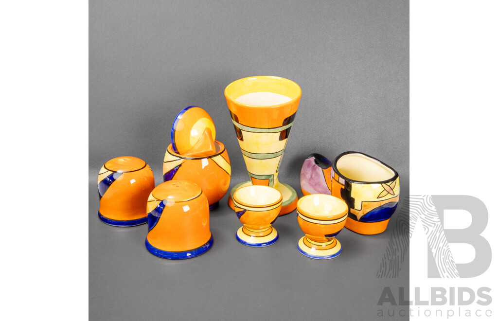 Art Deco Clarice Cliff 'Bizarre' Style Wares - Breakfast Set with Egg Cups, Jam Pot & Salt & Pepper Shakers