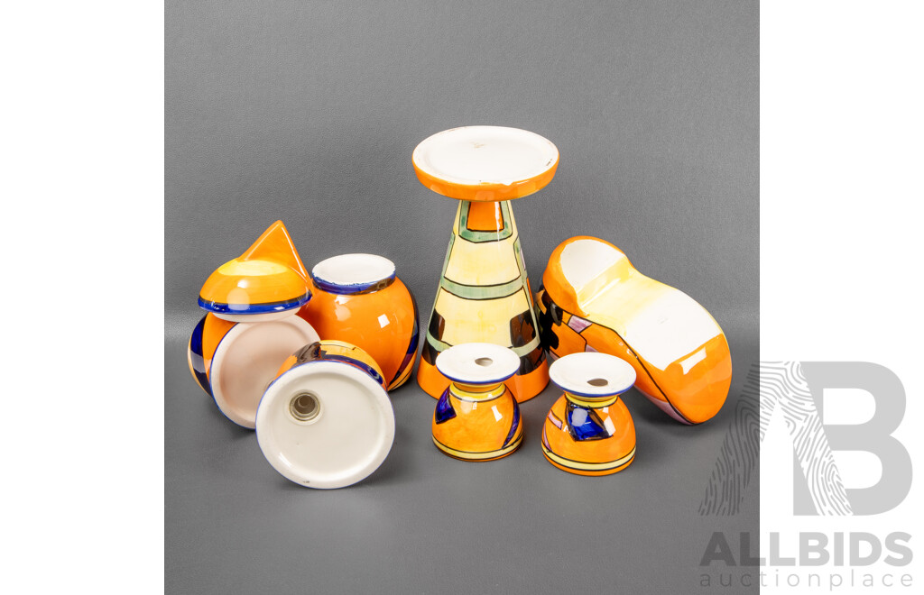 Art Deco Clarice Cliff 'Bizarre' Style Wares - Breakfast Set with Egg Cups, Jam Pot & Salt & Pepper Shakers