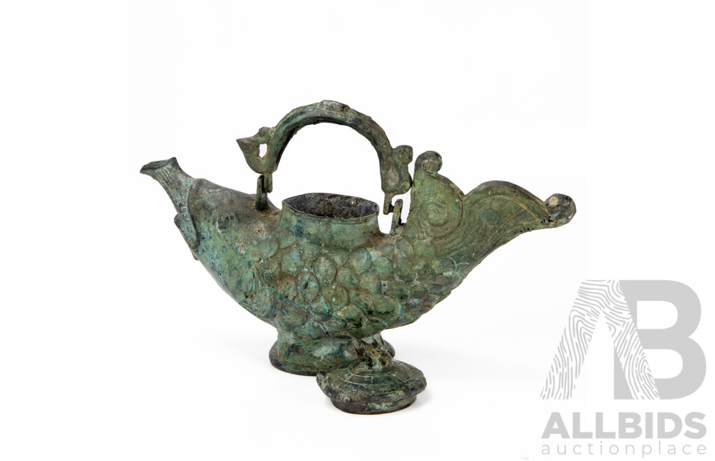 Large Archaic Bronze Fish-Shape Tea or Ritual Vessel, with Frog Finial