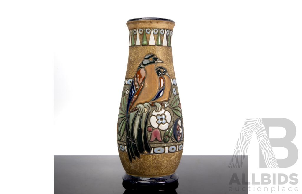 Tall Vintage Art Deco Amphora (Czechoslovakia) Finely Carved & Glazed Bird Vase - Marked to Base