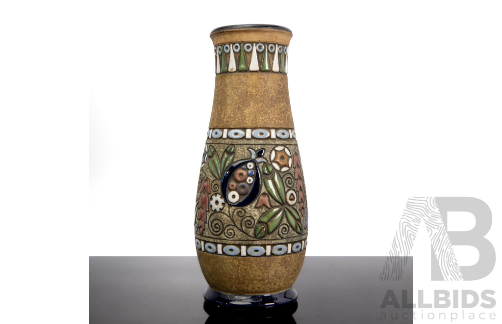 Tall Vintage Art Deco Amphora (Czechoslovakia) Finely Carved & Glazed Bird Vase - Marked to Base