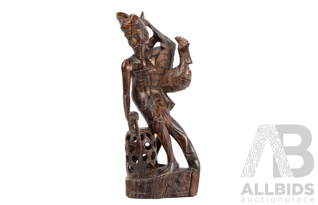 Beautiful Hardwood Indonesian Statue of Man with Rooster