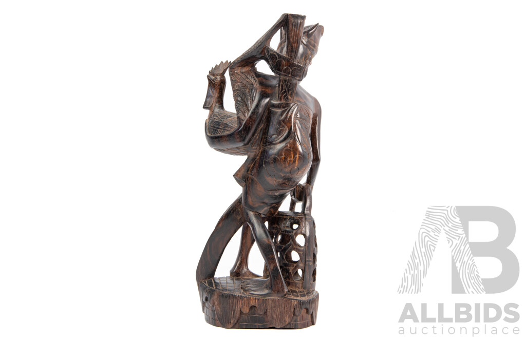 Beautiful Hardwood Indonesian Statue of Man with Rooster