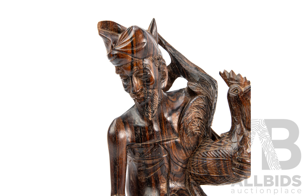 Beautiful Hardwood Indonesian Statue of Man with Rooster