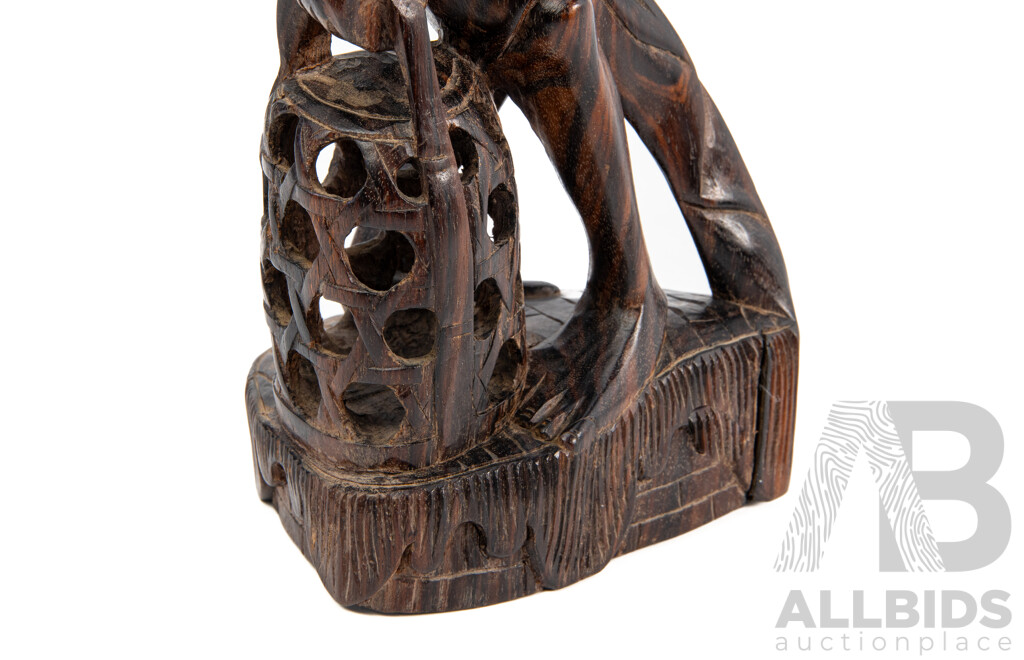 Beautiful Hardwood Indonesian Statue of Man with Rooster