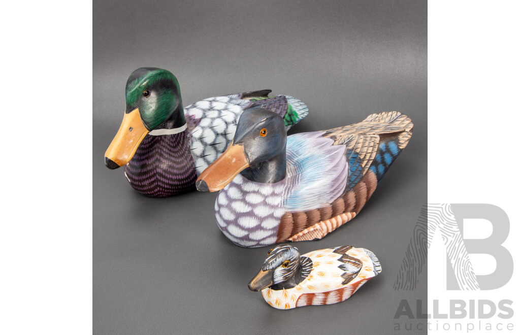 Collection of Three Small Vintage Decoy Hand Carved and Hand Painted Wooden Ducks Made in the People’s Republic of China