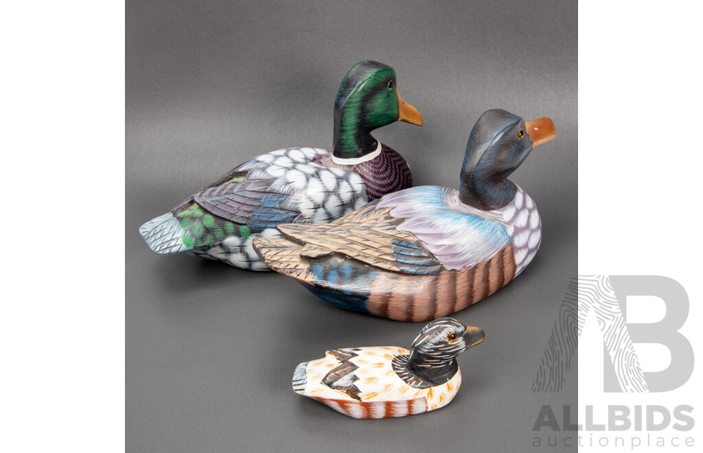 Collection of Three Small Vintage Decoy Hand Carved and Hand Painted Wooden Ducks Made in the People’s Republic of China