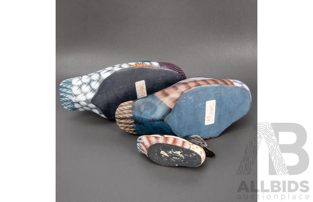 Collection of Three Small Vintage Decoy Hand Carved and Hand Painted Wooden Ducks Made in the People’s Republic of China