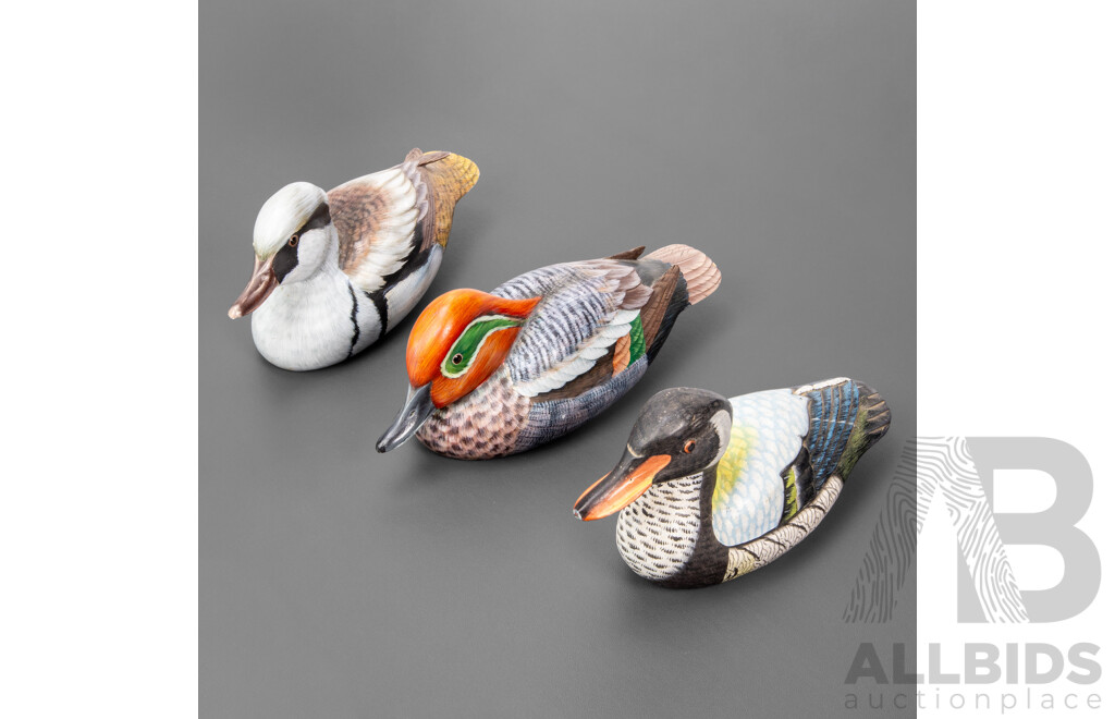 Collection of Three Medium/large Vintage Decoy Hand Carved and Hand Painted Wooden Ducks
