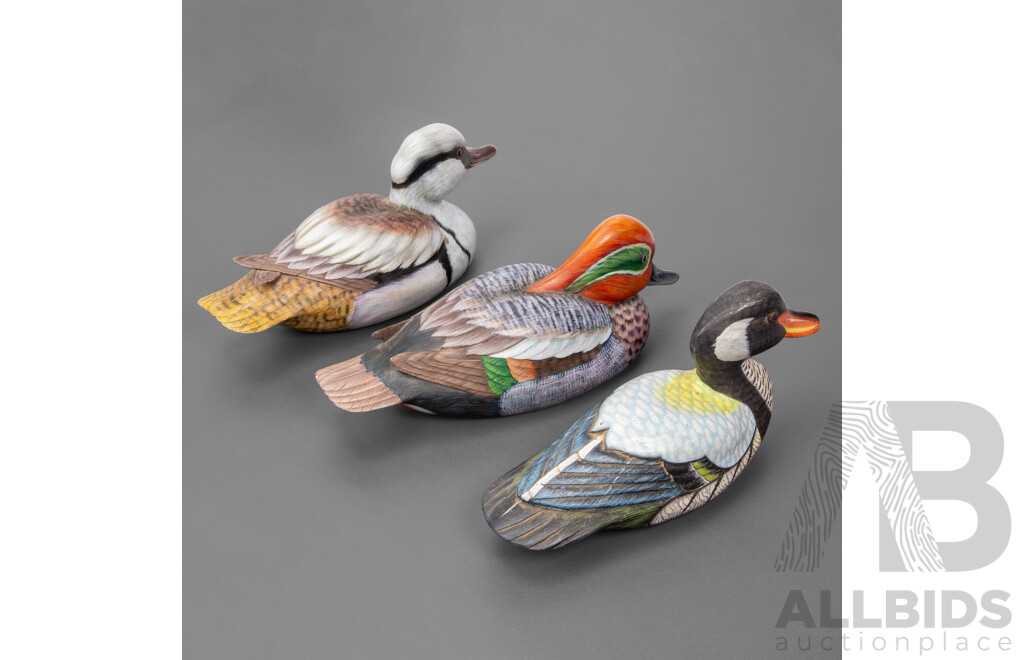 Collection of Three Medium/large Vintage Decoy Hand Carved and Hand Painted Wooden Ducks